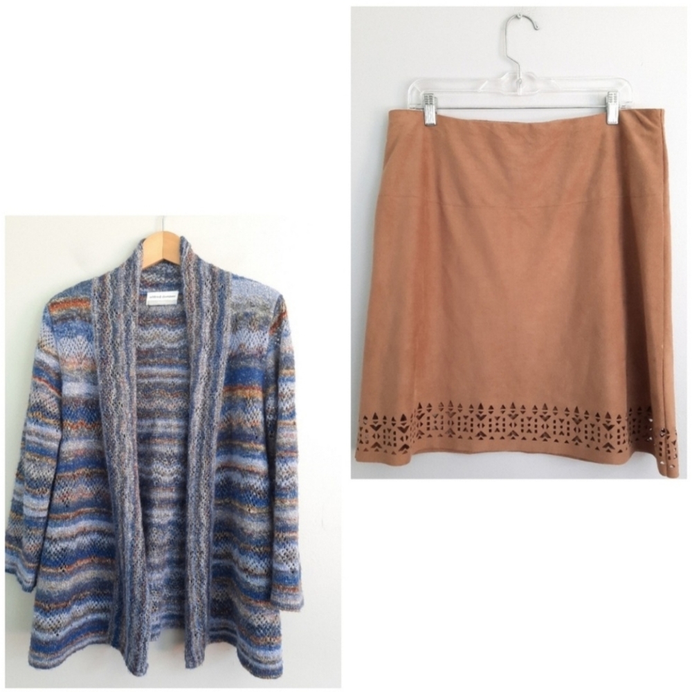 Petite Open Front Cardigan & Tan Cutout Hem Skirt Bundle